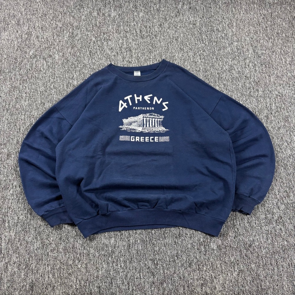 Vintage 90s Athens Greece Parthenon Heavyweight Crewneck Sweatshirt Navy Blue XL